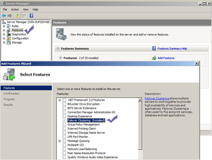 adding failover cluster feature in windows 2008