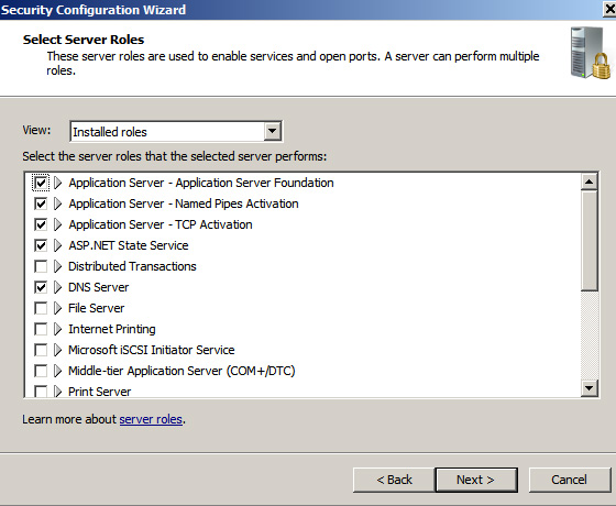 scw showing instlled roles in windows 2008 server