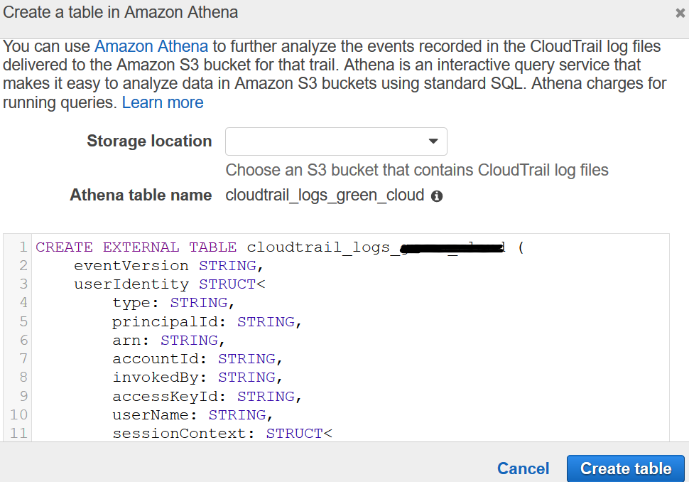 create a table in Amazon Athena
