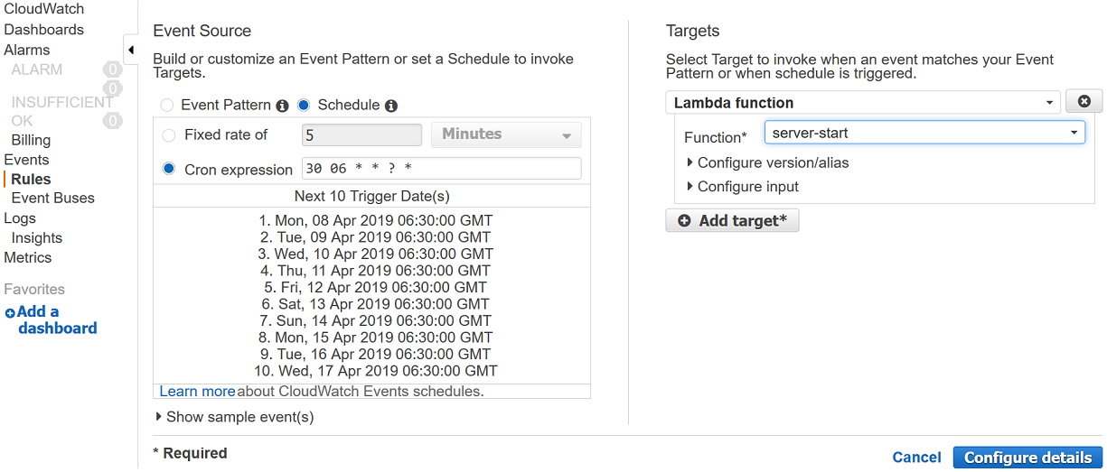 cloudwatch event to start ec2 instance